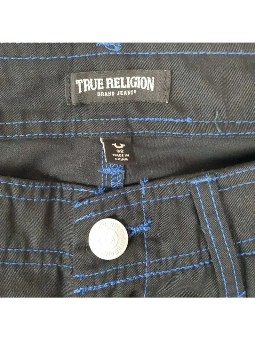 True Religion Cargo Pants Jet Black Pacific Blue Stitch Mens Size 32 NEW $159
